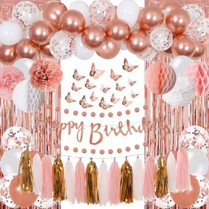 [SG Seller]Rose Gold Pink Birthday Party Decorations with Happy Birthday BannerCurtains Butterfly WallCircle Dots GarlandTissue PompomsPaper Tassels Garland for Women Birthday Party Decorations