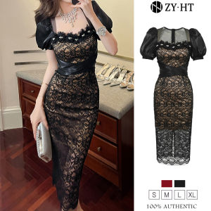 ZY.HT EraVogue เดรสผู้หญิง เดรสแขนพอง เดรสลูกไม้ เดรสคอเหลี่ยม เดรสสีแดง สีดำ เดรสไฮโซ ชุดราตรี เดรสออกงาน เดรสไปงานแต่ง 20364