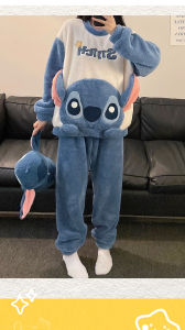 Cartoon Stitch Cute Plush Pajamas Suit 2 Piece Set Women Soft Nightdress Y2K Couple Design Pullover Tops Trousers Coral Velvet