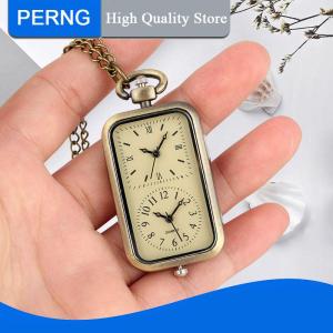 [PERNG] Tehe Exquisite Watch Bronze Keychain Pocket Watch Square Retro Double Time Movement Quartz Watch Without Cover Antique Style Pendant