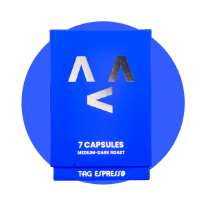 TAG Espresso Tag Blue Medium-Dark Roast Arabica Coffee Capsules | No Coffee Machines Needed | Cocoa Butter Blend | Hot & Cold Coffee
