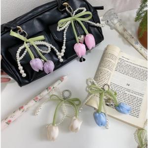 Tulip Flower Keychain Bag Pendant Charms Pearl Key Ring Phone Case Chain Gift Accessories