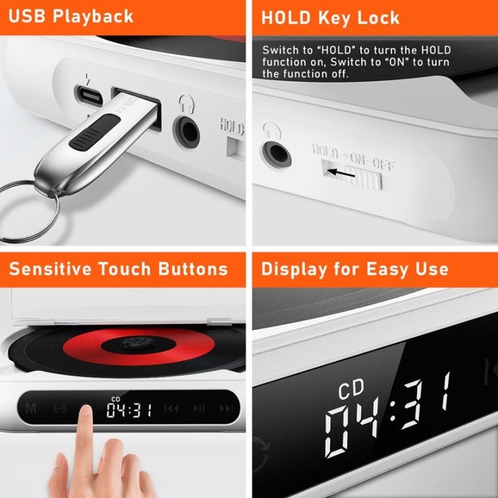 Portable CD Player Bluetooth Speaker,LED Screen, Stereo Player, Wall ...