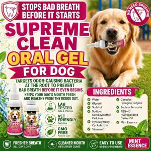 Supremacy Supreme Clean Oral Gel for Dogs Professional Oral Care Formula Fresh Breath & Plaque Control Gel Helps Reduce Tartar Buildup Bad Breath & Gum Issues Promotes Healthy Teeth & Gums Dental Gel Complete Daily Oral Hygiene Solution for All Dog Breeds