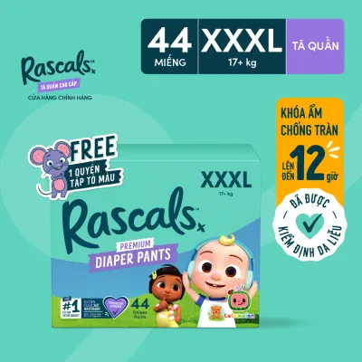 Tã/Bỉm Quần Rascals Cocomelon Size XXXL (>17kg) 44 miếng - Kèm Sách tô màu (Ngẫu nhiên)