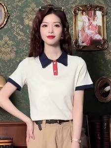 Ammin Áo thun cotton khâu cổ áo polo màu dệt kim thanh lịch 2024 đơn giản Mới Mùa Hè Áo Blouse thanh lịch ngắn tay thường ngày phong cách hàn quốc nữ