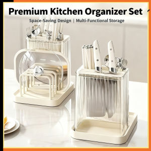 2 in 1 Multifunctional Knife Cutlery Holder and Cutting Board Rack Adjustable Plastic Pot Lid Storage Kitchen Organizer