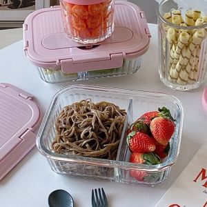 KECTTIO Large Capacity Glass Lunch Box Sealed 2 Grids/Grids Food Storage Container Durable Leak-Proof Food Preservation Box Office