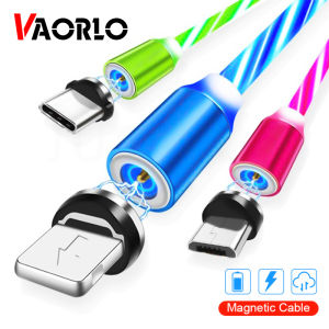 VAORLO 3 in 1 Magnetic Charging Cable Micro USB Type C IOS Lightning Flowing Luminous Lighting Charge Cable for iPhone Samaung Huawei Xiaomi OPPO VIVO Charger Universal LED 2.4A Fast Charging Cable
