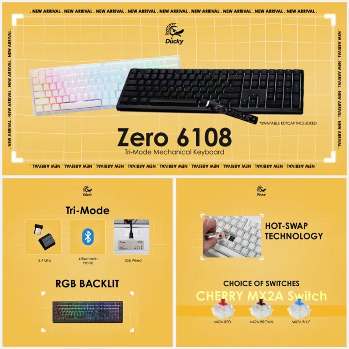 Ducky Zero 6108 - Full Size Tri-Mode Hot Swappable RGB Mechanical Gaming Keyboard CHERRY MX2A SWITCH