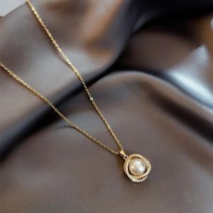 Luxury Titanium Steel Pearl Necklace for women Zircon Pendant Clavicle Chain Necklaces [Gnker]