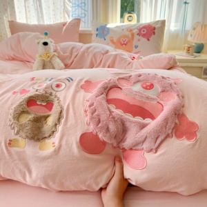 Monet ins Cartoon Bigfoot Towel Embroidered Four-Piece Set Washable Duvet Cover Student Dormitory Bed Sheet Three-Piece Set Bed Skirt 4LZD