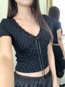 Plain Chic Design Bow-Knot Korean Lace Casual Beauty Back Tee with Chest Pad Inner Wear Short Sleeve