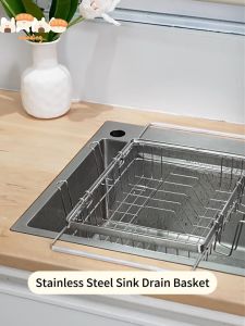 SJORAGE SUS304 Stainless Steel Expandable Over Sink Dish Drainer Adjustable Kitchen Drain Basket Multifunctional Kitchen Organizer