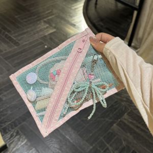Portable Polka Dot Mesh Cosmetic Storage Bag Lightweight Zipper Toiletry Pouch Travel Small Cosmetic Organizer Earphone USB Data Cable Plug Organizer Pouch