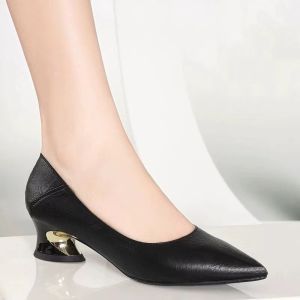[Free Shipping] Genuine Soft Leather WomenS Shoes 2026 Autumn New Model Pointed Toe Shallow Mouth Comfortable Leather Shoes Versatile Mid-Heel Chunky Heel Single Shoes For Women