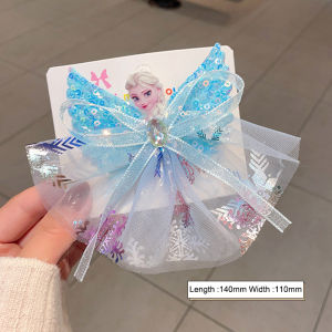 🔥🔥Roman Holiday Cartoon Princess Elsa Mesh Bow Hair Clip Wings Lace Bow Hair Clip Sequin for Kids Fashion Girls Kids Hair Accessories