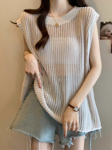 Korean Style Bikini Cover Up Swimsuit Coverup For women  Ice Silk Hollow Thin Out Hollow Solid Color Top Slimming  Sunscreen Crew Neck Summer Outfit Vest For Women Layering Versatile Sleeveless Knitted Crochet Top Plus Size Loose Beach Wear Outfit
