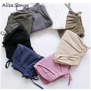 CLE Alisa.Sonya 10 Colors Plus Size Linen Wide Leg Shorts with Bow Tie Elasticated Waist Loose Slim Cropped Hot Pants