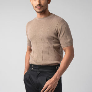 VENGOZ Kaos Rajut Pria Premium - Mens Striped Knitted T-Shirt Cotton Light Brown SS