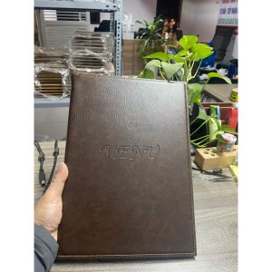 Bìa menu A4 ép chìm màu nâu đen cho nhà hàng khách sạn.