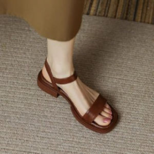 [Free Shipping] High-End Versatile Sandals New Thick-Soled Ultra-Soft One-Strap Genuine Leather Flat Shoes Retro Chunky Heel Roman WomenS Shoes