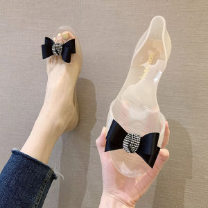 [Free Shipping] Fish Mouth Summer New Beach Shoes Korean Style Bowknot Rhinestone Transparent Plastic Flat Sandals Jelly Shoes For Women