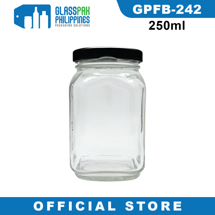 Glasspak 250ml Square Glass Jar TN Gold Lid Black Lid Storage Jar