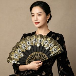 IFFINE Bamboo Frame Hand Held Fan Chinese Style Flower Pattern Folding Fan Antique Hand Painted Design Antique Folding Fan Dance Performance