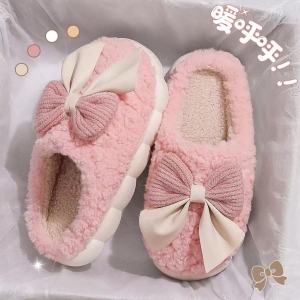 2025 Cute Bow Cotton Slippers Warm Home Slipper Non Slip Indoor Slippers Women Fluffy Soft