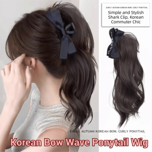 HUNIU 24Inch Short Curly Ponytail Extensions Synthetic Claw Clip Pony Tail Hairpieces Fashion Layered Bow Wave Ponytail Wig for Women