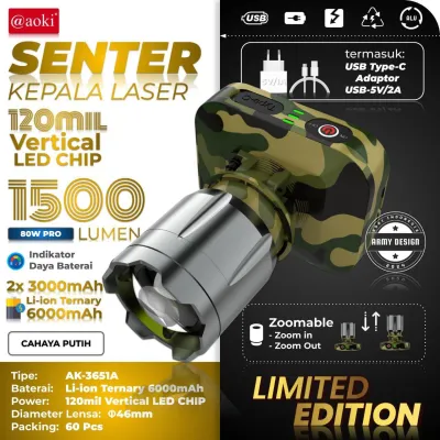 Senter Kepala LED Zoom Laser 80 Watt 1500 Lumen Aoki AK-3651A/AK-3652K Army PRO Cahaya Putih & Kuning Waterproof Super Terang Batre 6000mAh Tahan Hingga 50 Jam Plus RechargePro USB-C 80W Fokus & Penyebaran Zoom