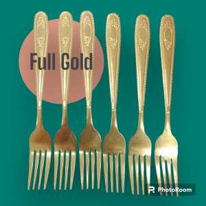 Sendok & Garpu Makan  Gold Full Bulat Isi 6 Stainless Steels Anti Karat
