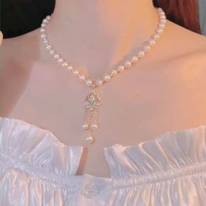 Teeni Vòng cổ ngọc trai ngọt ngào thanh lịch tua trang sức tiệc hạt Y2K Vòng cổ phong cách Hàn Quốc Mặt dây chuyền pha lê hình hoa sen Vòng cổ nữ