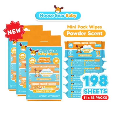 Moose Gear Baby Mini Wipes Premium Powder Scent 18PACKS (11s per pack) Extract Thick & Soft