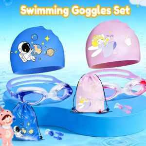 5Pcs Kids Swimming Goggles Set Cartoon Anti-Fog Goggles Soft Swim Cap Eye Protection for Pool Beach