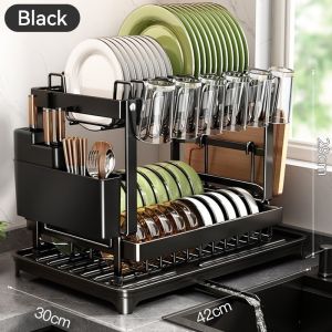 【Ready Stock】2 Tier Dish Drying Rack 304 Stainless Steel Kitchen Dish Drainer Rack with Utensil Holder