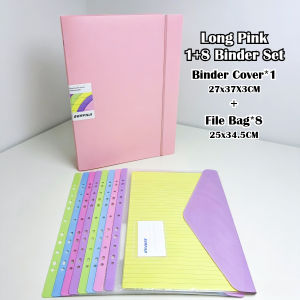 Loose Leaf Folder Long with 8PCS Document Bag 5Ring Binder Folder Paper Organizer Clear Envelope Pouch