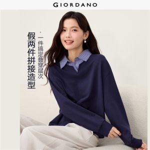 Giordano Beau Monde Women Fake two-piece striped collar sweatshirt Free Shipping 13326631