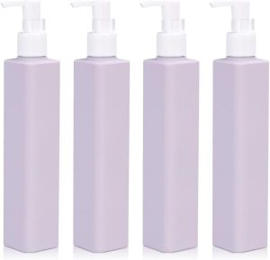 Plastic Empty Squeeze Bottle Refillable Lotion Containers Cream Shampoo Leak Proof Travel Bottles (Purple+White Pump 8.4-4 Pcs)