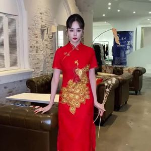 2025Plus Size Womens Summer New Arrival Red Phoenix Cheongsam Retro Ethnic Style Improved Dress Bride Evening Gown09/08