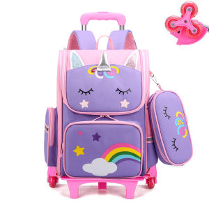 Unicorn ออกแบบนักเรียน6ล้อรถเข็นกระเป๋าโรงเรียนสาวแบบบูรณาการกระเป๋าเป้สะพายหลังกันน้ำสวมใส่กระเป๋าอเนกประสงค์