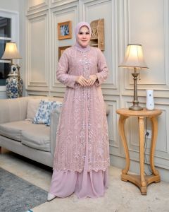 Gamis Brokat Payet Motif Floral Lengan Panjang Wanita Busui Lebaran 2025 COD