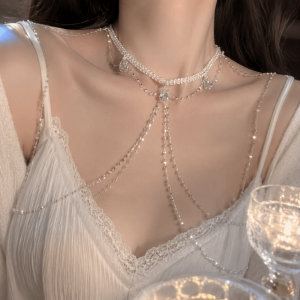 JPTD Crystal Shoulder Necklace Long Fringe Clavicle Chain Rhinestone Body Chain Premium Feel Back Chain Multi-layer Tassel Chain Women Jewelry