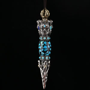 S925 Silver . Tibetan Dakini Upgraded Round Barrel . Inlaid Raw Turquoise Vajra Necklace Pendant LZD