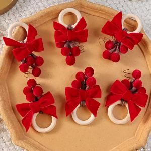 xpkQ 6PCS Fabric Craft Christmas Napkin Rings Realistic Pine Needle Red Bow Napkin Rings Delicate Simulation Festive Napkin Buckle R7Q2P