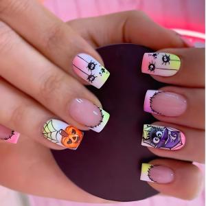 Halloween Press on Nail French Tips Fake Nail Acrylic Nail Square False Nail Glues on Nail Stick on Nail for Womens