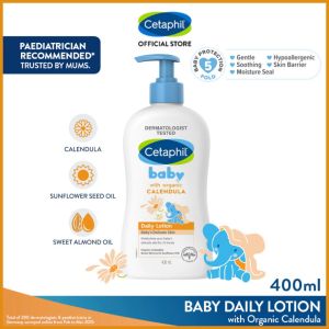 Cetaphil Baby Daily Lotion with Organic Calendula 400ml – Tear-Free Moisturizer for Delicate Skin 24H Hydration Hypoallergenic Paraben-Free Newborn Safe