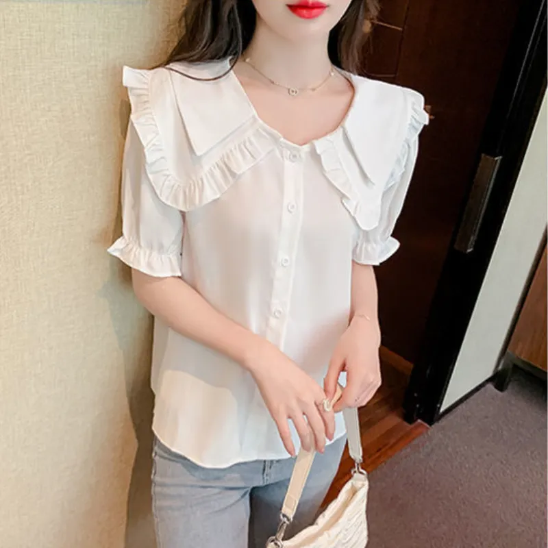 Chiffon Blouse Women Short Sleeve Korean Tops Summer Fashion Slim White Top  New