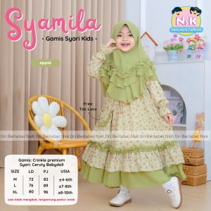 Gamis Anak Perempuan Syamila dengan Hijab & Tas Lucu - Motif Floral - Bahan Crinkle Premium - Usia 4-10 Tahun